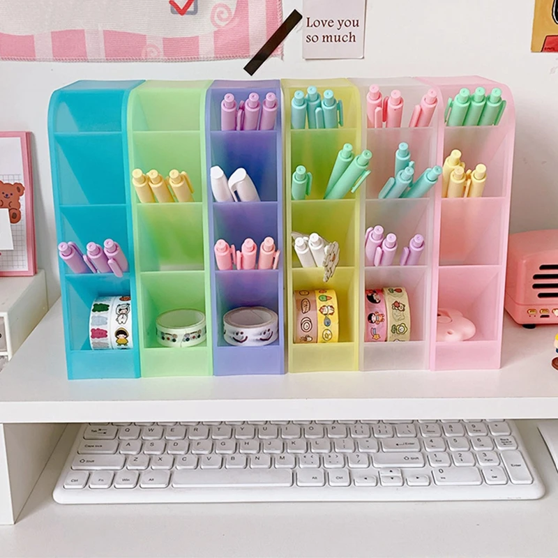 New Kawaii Macaroon Color 4 Gird Desktop Organizer Pen Holder Big Size Desk Makeups Pencil Storage Box School Stationery