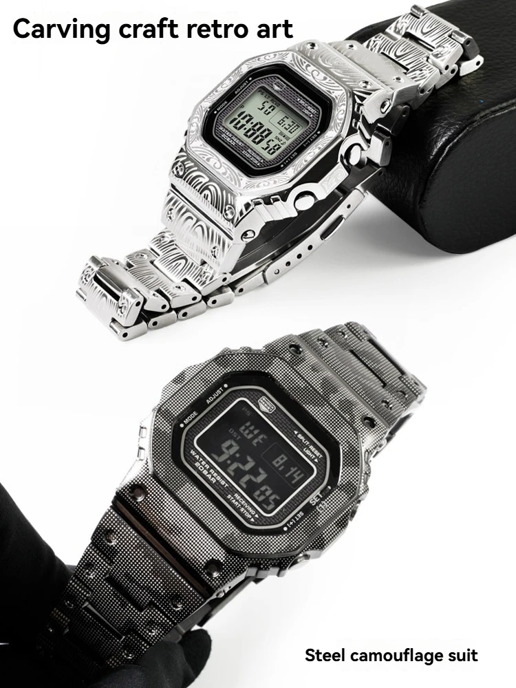For Casio G-Shock GMW-B5000 Series Stainless Steel Camo Bezel Strap Modification Kit Solid Metal Diamond-Studded Case Strap