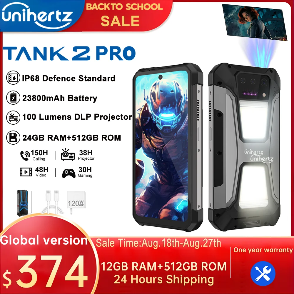 EU US stock Unihertz tank 2 Pro 8849 rugged phone with projector Android 14 100MP 16GB 256gb100mp NFC 120W charger 23800mAh