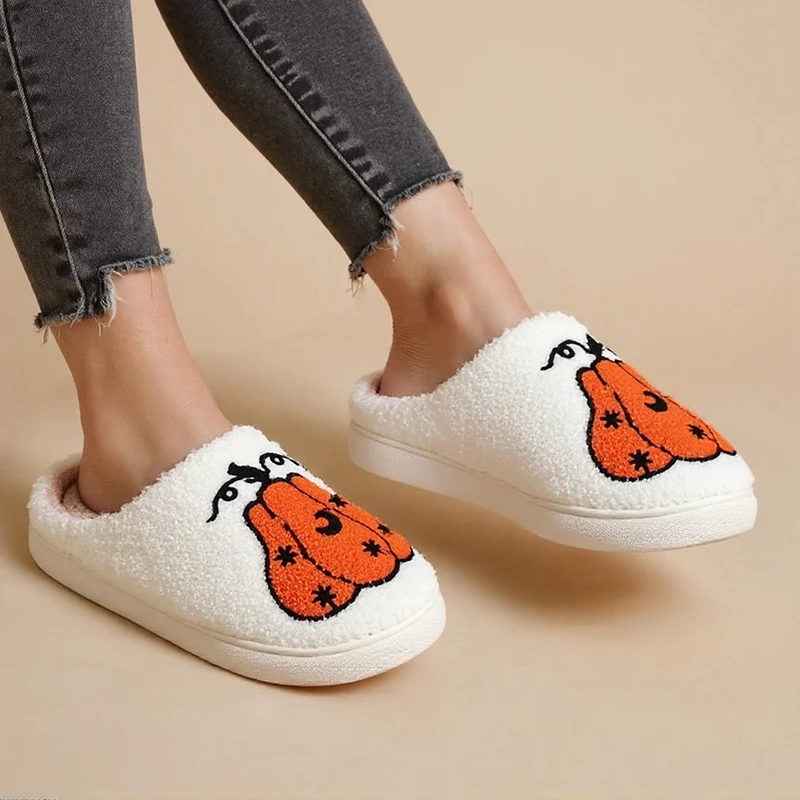 Winter Fluffy Slippers Women Home Funny Halloween Pumpkin Designer Shoes Ladies Fuzzy Fur Indoor Trend Plush Footwear Soft Sole