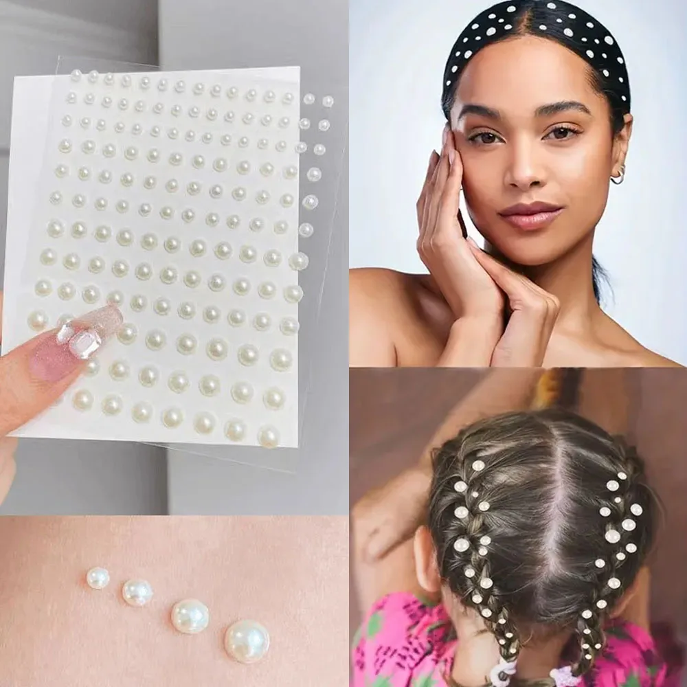 162pcs/sheet Mix 3/4/5/6mm Face Pearls Stick On Self Adhesive Pearls Stickers Eyes Rhinestones Stickers for Hair Face Makeup