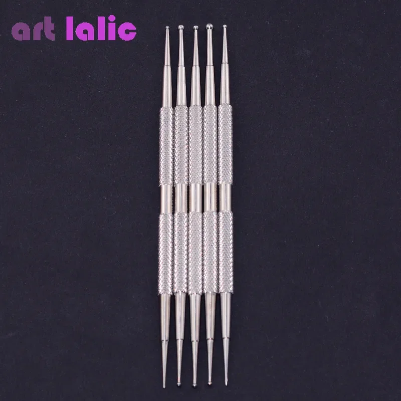 5Pcs Nail Art Dotting Pen Set Dual-Ended Stainless Steel Rhinestone Crystal Placement Tools for Acrylic Manicure Painting Design