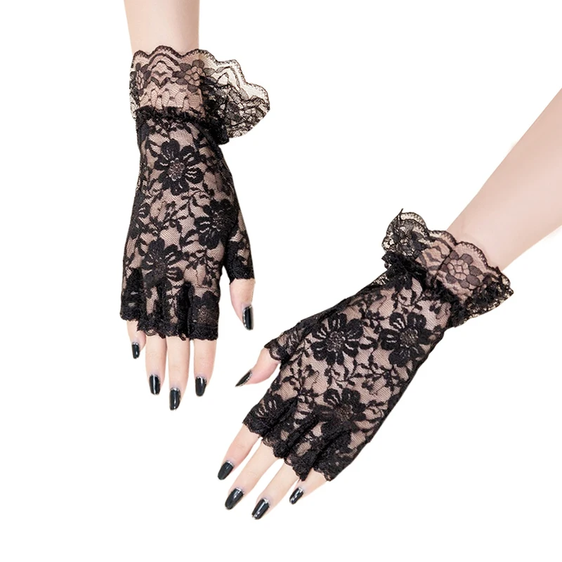 الصيف النساء الدانتيل القيادة الشمس حماية قفازات الاصبع الزفاف رقيقة مرونة شبكة ملموس شاشة نصف اصبع قفازات قصيرة