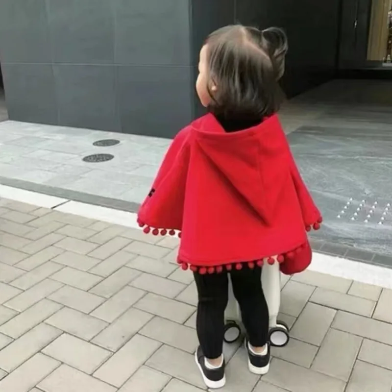 123  Baby Girls Red Christmas Cloak Winter Toddler Hooded Cape Cute Warm Children Jacket Xmas Party Costume Kids Clothes 1-5Y