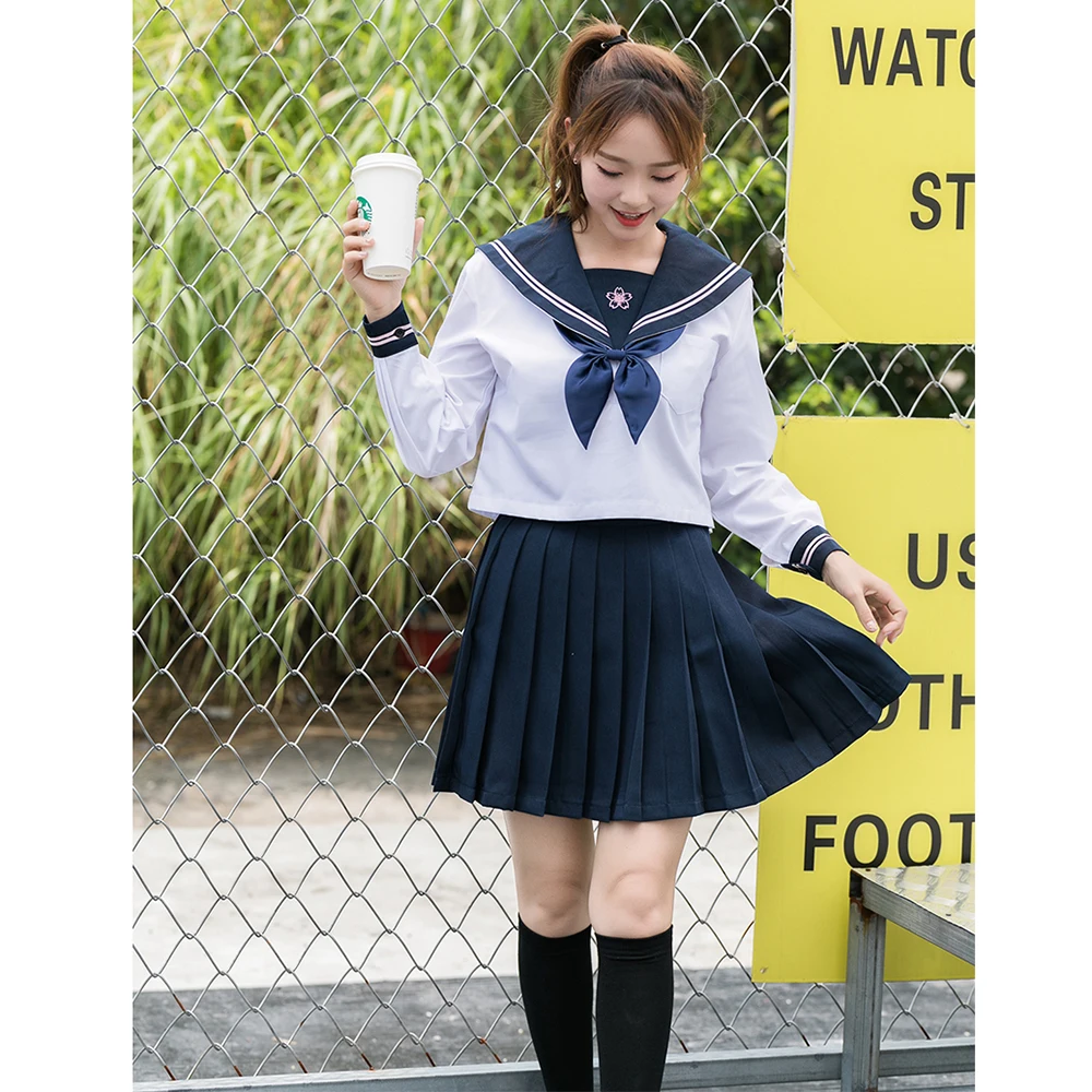 New Japanese JK School Uniform Suits White Top Sakura Logo Navy Skirt Spring Autumn Middle School Girls Casual Uniforms XXL