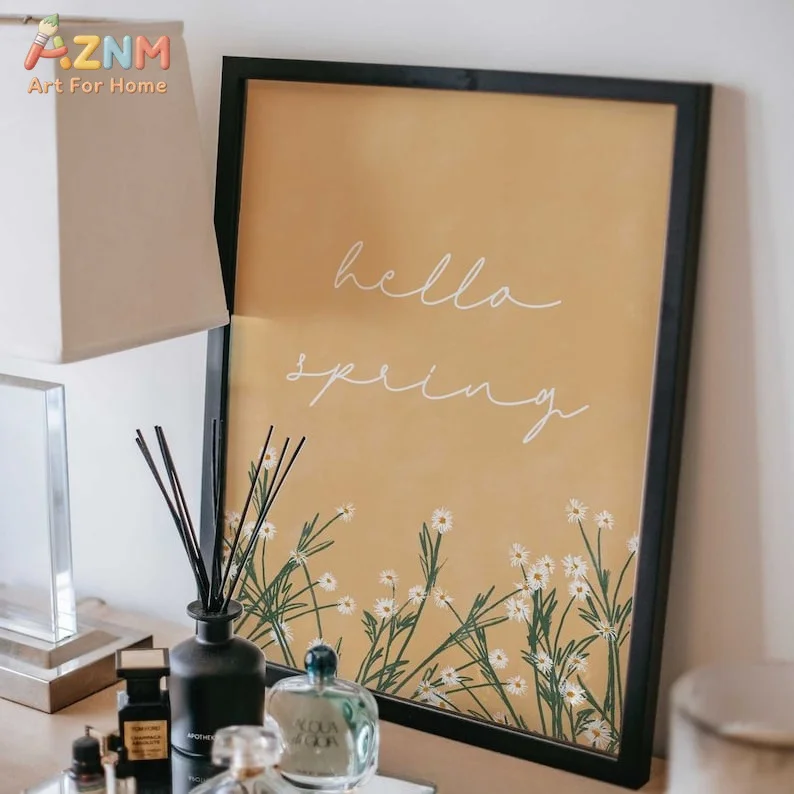 AZNM Unframed Canvas Print Hello Spring Quote Wall Art Yellow Daisy Floral Home Decor Poster