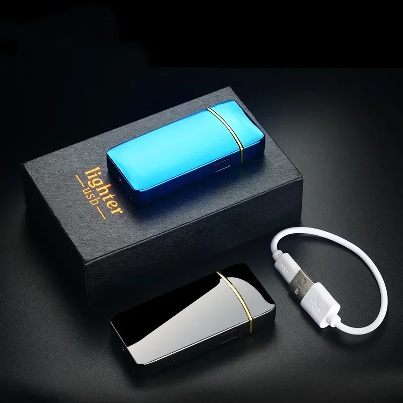 신상 전기 라이터, 금속 더블 아크 방풍 LED 스크린 터치 점화 라이터, USB 충전 휴대용 라이터, 남성용 선물