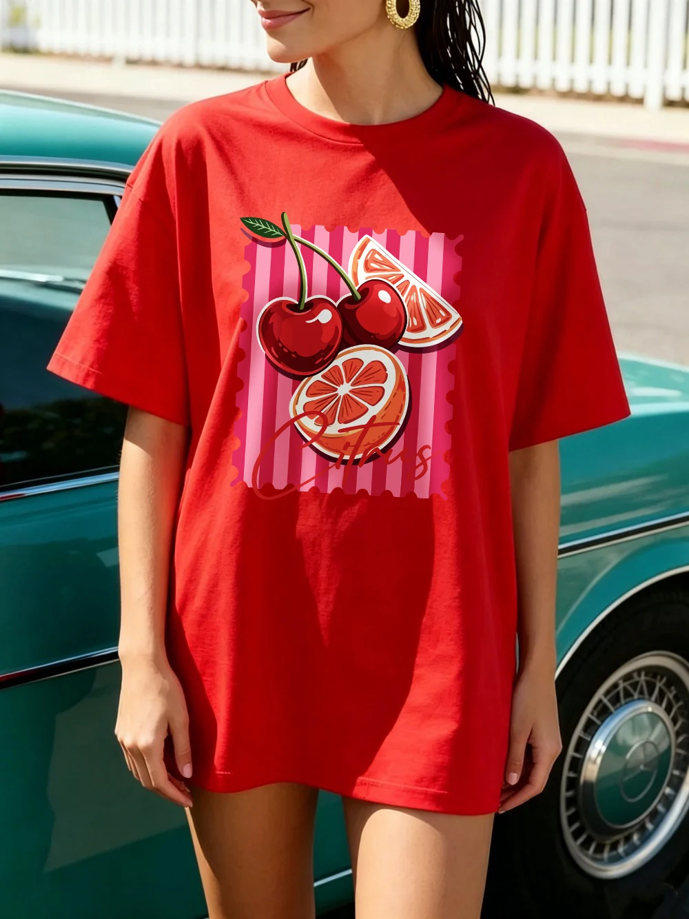 Rote Kirsch-Zitrus-Bedruckte T-Shirts aus Baumwolle für Damen, Sommerliche Oversize-Oberteile, Basic O-Neck Kurzarm-T-Shirts, Lässige Weiche Kleidung – Detail 23