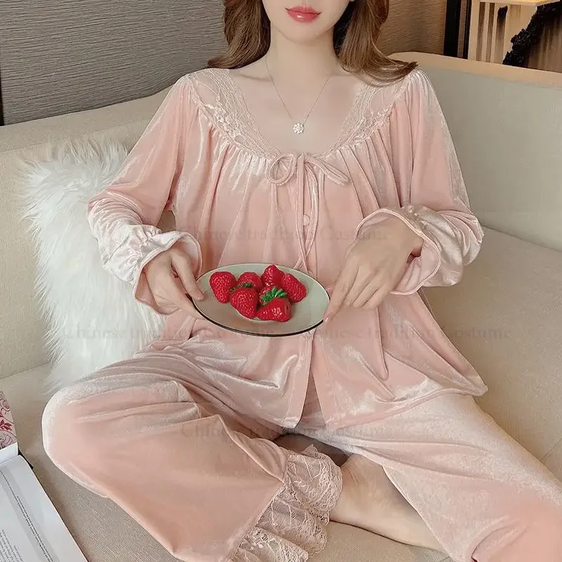 Long Sleeve Top&pants 2Pcs Pajamas Suit Princess Style Home Clothes Warm Velour Nightwear Lady Casual Sleepwear Lace Trim Pjs