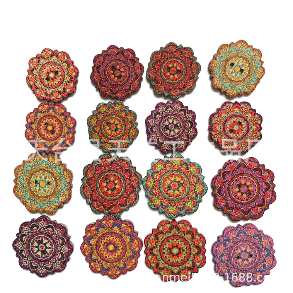 100PCS 20/25/30MM Retro Series Flower Wooden Buttons for Clothing Handwork Sewing Scrapbook Crafts Accessories Needlework