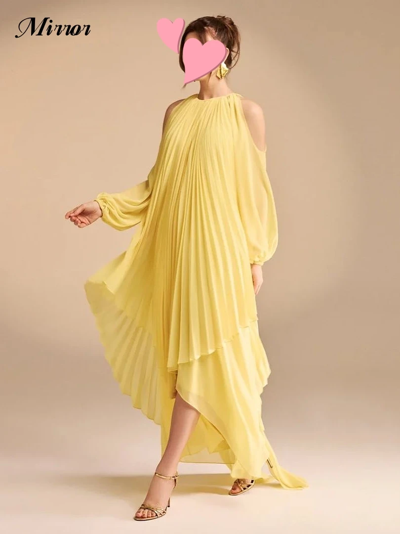 Mirror Dress Elegant Vintage Sweet Simple Yellow Ruffle Asymmetrical Customize Formal Occasion Prom Dress Evening Party Gowns