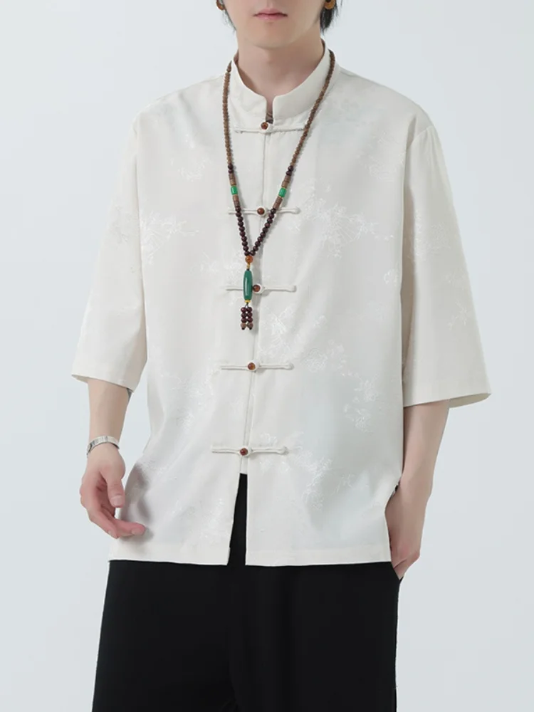 

New Chinese Style Loose Fit Short Sleeve Men's Shirt Summer Breathable Thin Print Casual Fashion Tang Costume Top