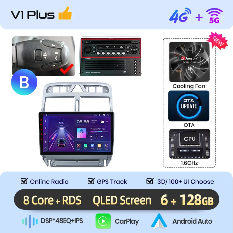 Junsun AI Draadloze CarPlay voor Apple Android Auto Radio Voor Peugeot 307 307CC 307 SW 2002-2013 GPS multimedia RDS WiFi Stereo