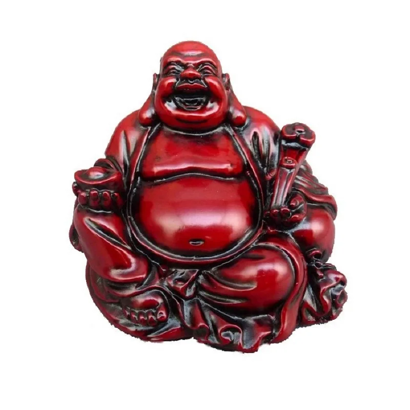Antiek rood harsen grootbuik lachende Boeddha Maitreya beeldje met staafje en Ruyi Feng Shui rijkdom geluk figuur voor thuis, kantoor of entree