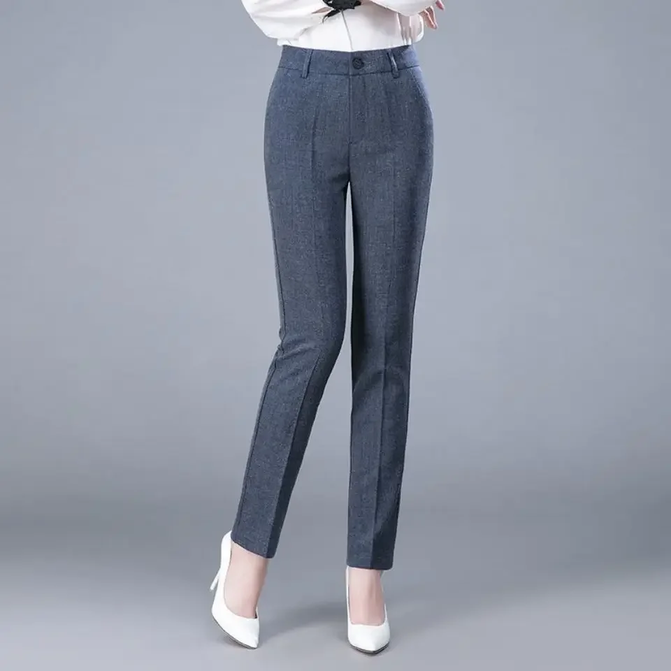 Autumn Office Lady Fashion Pencil Pants Korean Profession Women Button Pockets High Waist Solid Casual Straight Trousers LJ209