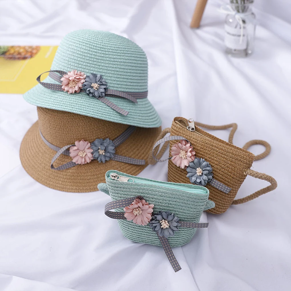 2PCS Cute Woven Children’s Shoulder Crossbody Bag Woven Straw Hat Set Sun Protection Sun Hat Fisherman Hat Baby Sun Hat