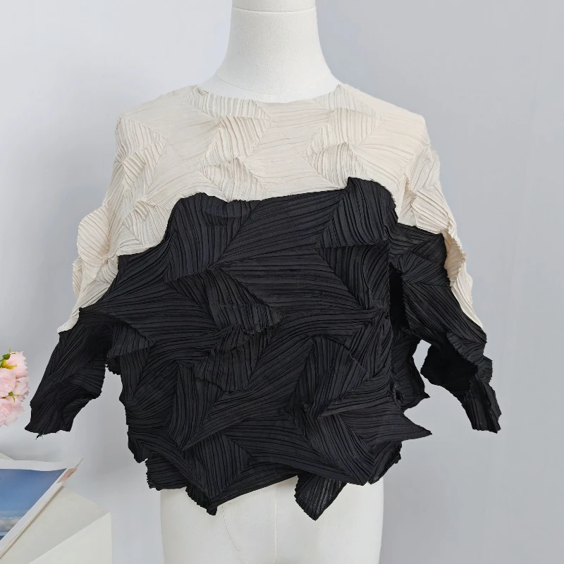 

Miyake Handmade Pleated Top Summer New Simple Casual Loose Plus Size Stretch Women's Three-Quarter Sleeve Color Block T-Shirt