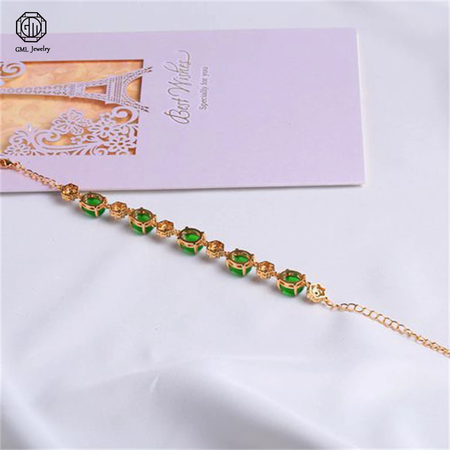 925 Gold Tone Green Chrysoprase Bracelet for Women Fashion Trendy Chunky Chain Bangle Jewelry Gift Birthday Party Daily Wear