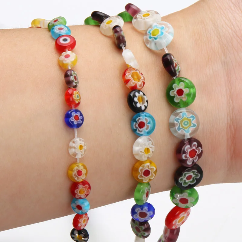 Millefiori Lampwork kwiaty koraliki przeszklone koraliki szklane płaskie okrągłe luźne koraliki dystansowe do tworzenia biżuterii DIY akcesoria