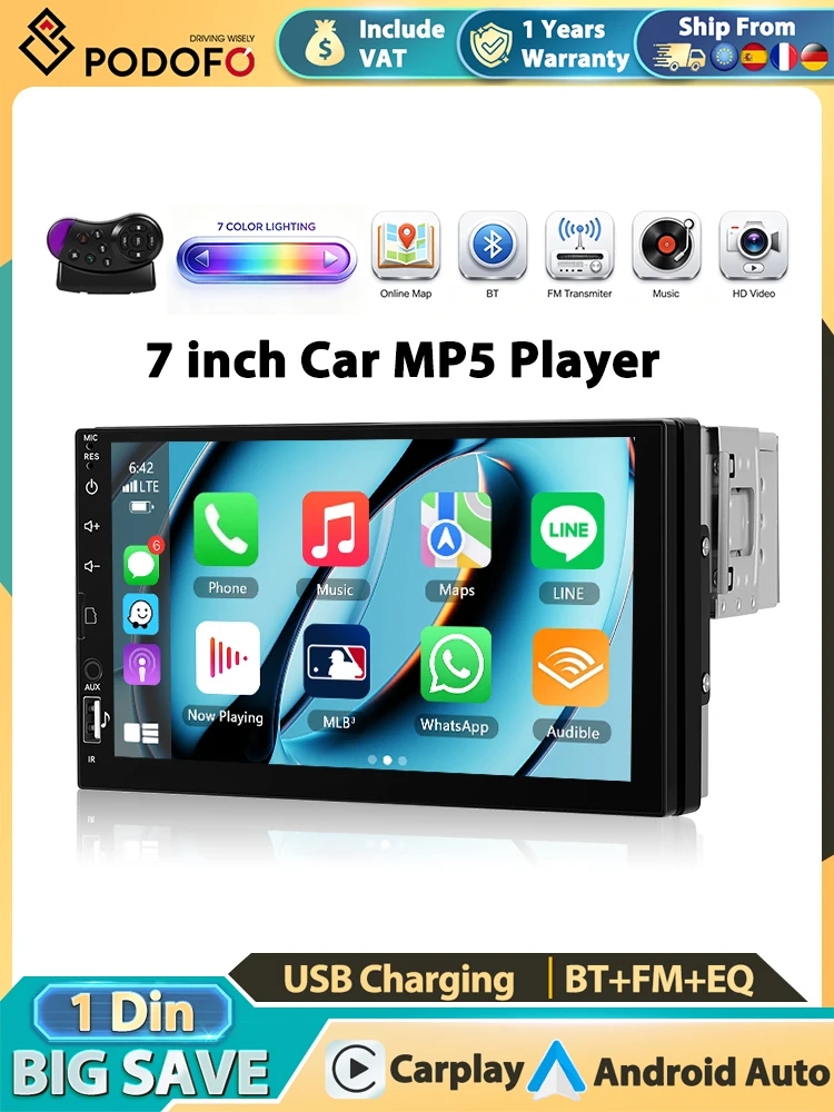 Podofo 2Din Inteligentne Systemy Samochodowe 7'' Ekran LCD Dotykowy Carplay Android Auto Radio Samochodowe Multimedia USB BT Uniwersalne Autoradio — 2