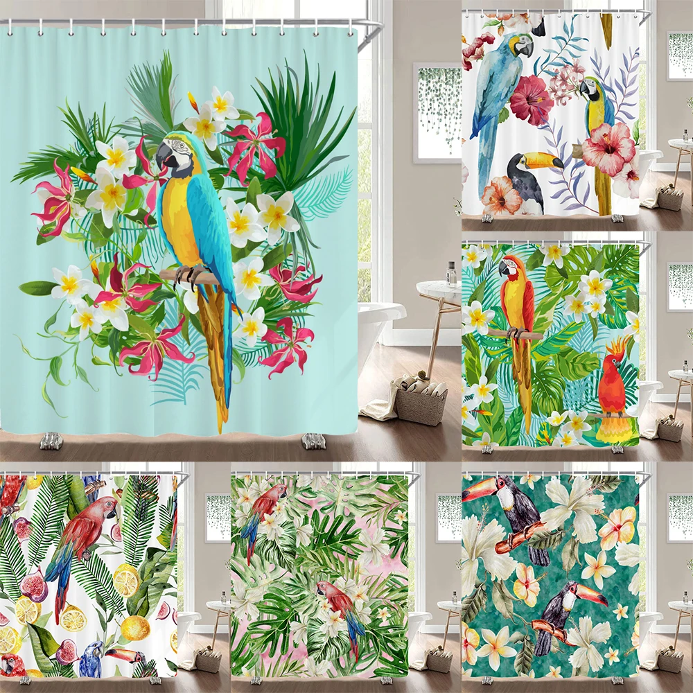 

Colorful Plants Tropical Birds Shower Curtain Modern Nordic Minimalist Waterproof Polyster Printed Bathroom Curtain with Hooks