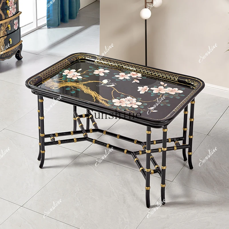 

New Chinese-style painted flowers and birds Zen tea table small apartment living room solid wood simple furniture edge few FT