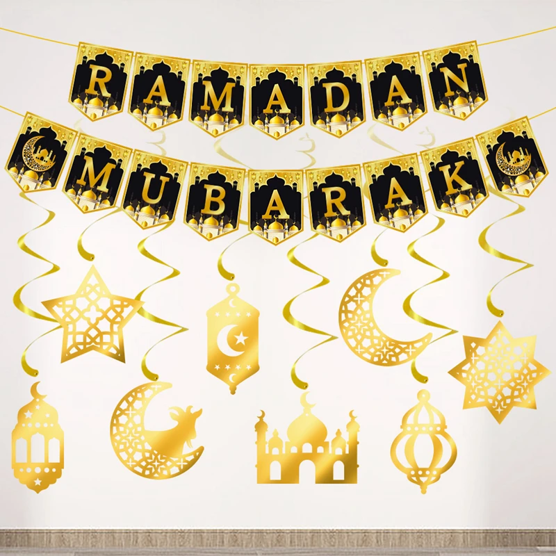 

Ramadan Decoration Paper Banner Garland 2025 Eid Mubarak Moon Star Mosque Hanging Swirl Ornament Islamic Muslim Party Home Decor