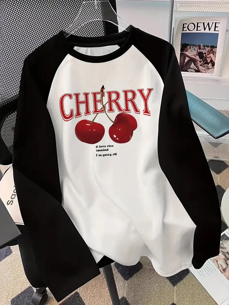Y2k Sweet Cherry Langarm-T-Shirt mit Aufdruck, lustiges Gothic-T-Shirt für Damen, lässiges T-Shirt mit Rundhalsausschnitt und Aufdruck