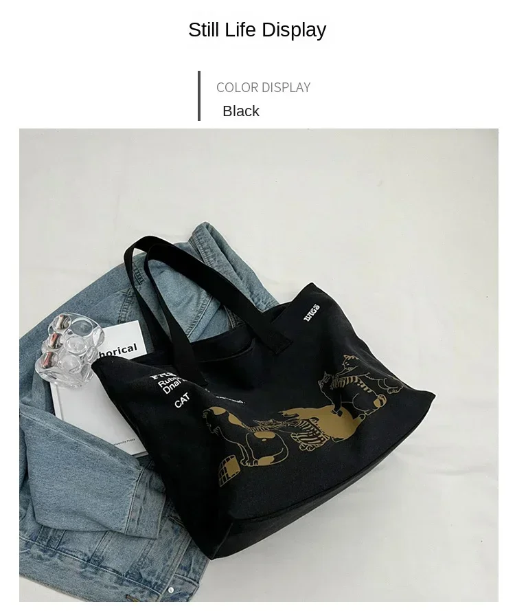 Geräumige Anime-Katzen-Canvas-Tragetasche für Damen mit Schriftzug-Druck, lässige Schultertasche für den Alltag, tragbare Handtasche für Mädchen – Detail 9