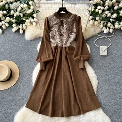 Retro Patchwork Jacquard Knit O Neck Dress A-line Casual Dress Women Fashion Evening Party Autumn Vestidos