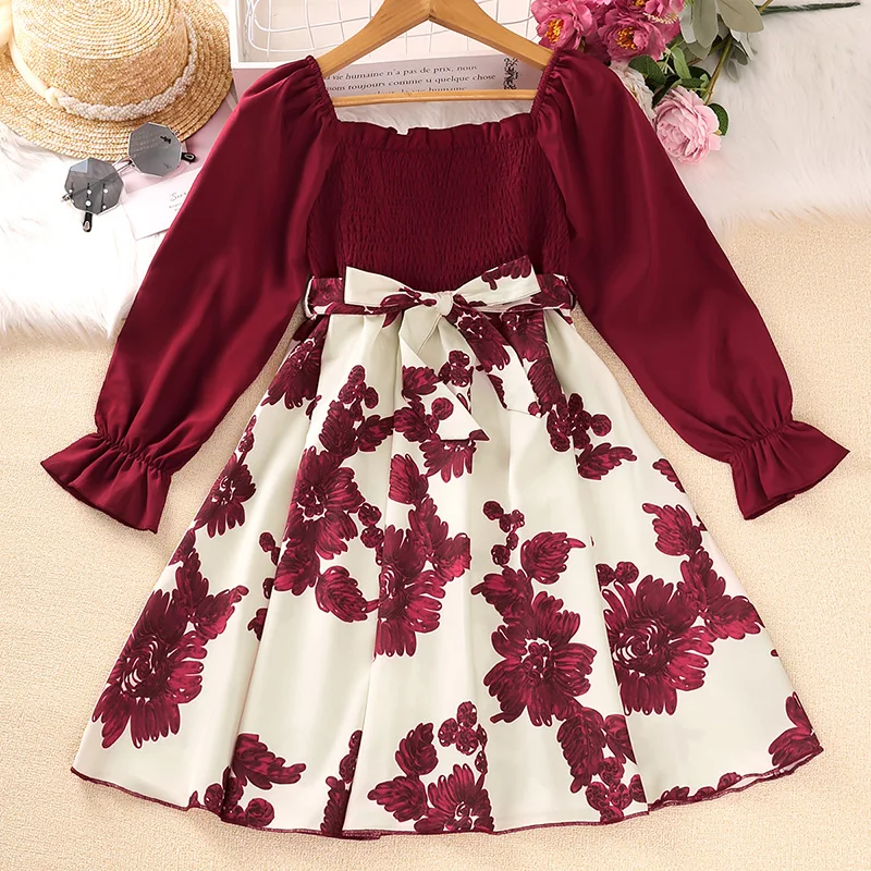 New Designed Classic Children's Dress Princess Baby Girl Print Patchwork Birthday Party Bubble Sleeve Skirt Stylish Daily Casual