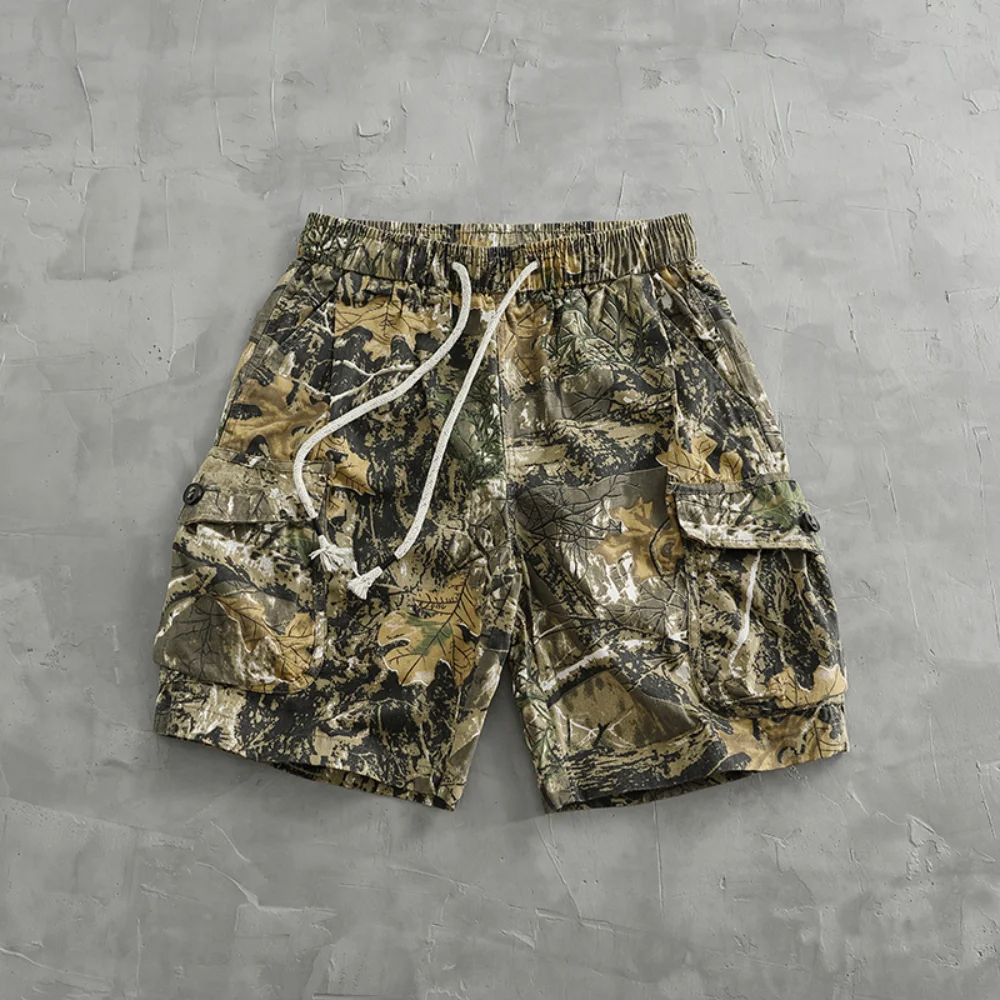 Vintage De Spot Camouflage Cargo Shorts Men's Loose Straight Leg Summer New Multi-pocket Quarter Pants Casual Pants Trend