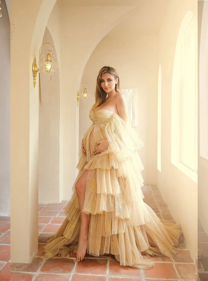 Photo Shoot Sparkling Golden Layered Mesh Maternity Dress Open Front Off Shoulder Pregnancy Dresses for Baby Shower Photography