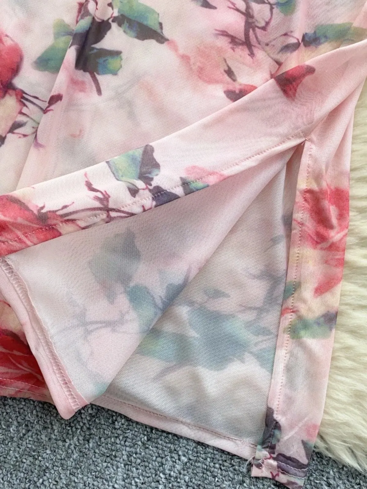 Foamlina 2025 Floral Print Mesh Long Dress Women Spaghetti Strap Hollow Out Ruffled Neck Sleeveless Bodycon Maxi Summer Wear