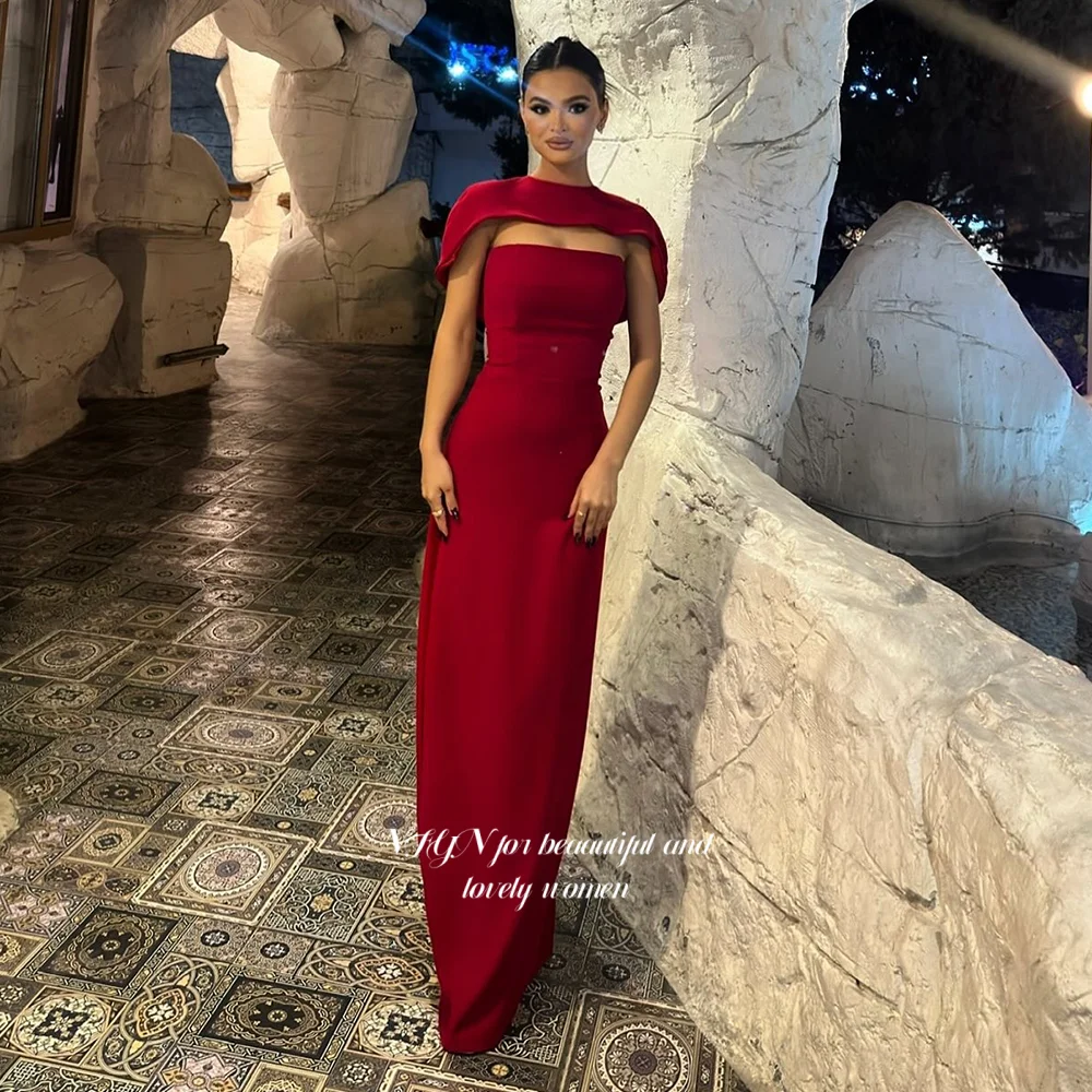 

NFYN Red Prom Dress Cape Neck Evening Dress Crepe Tie Back Party Dress for Arabic Women فساتين مناسبة vestid