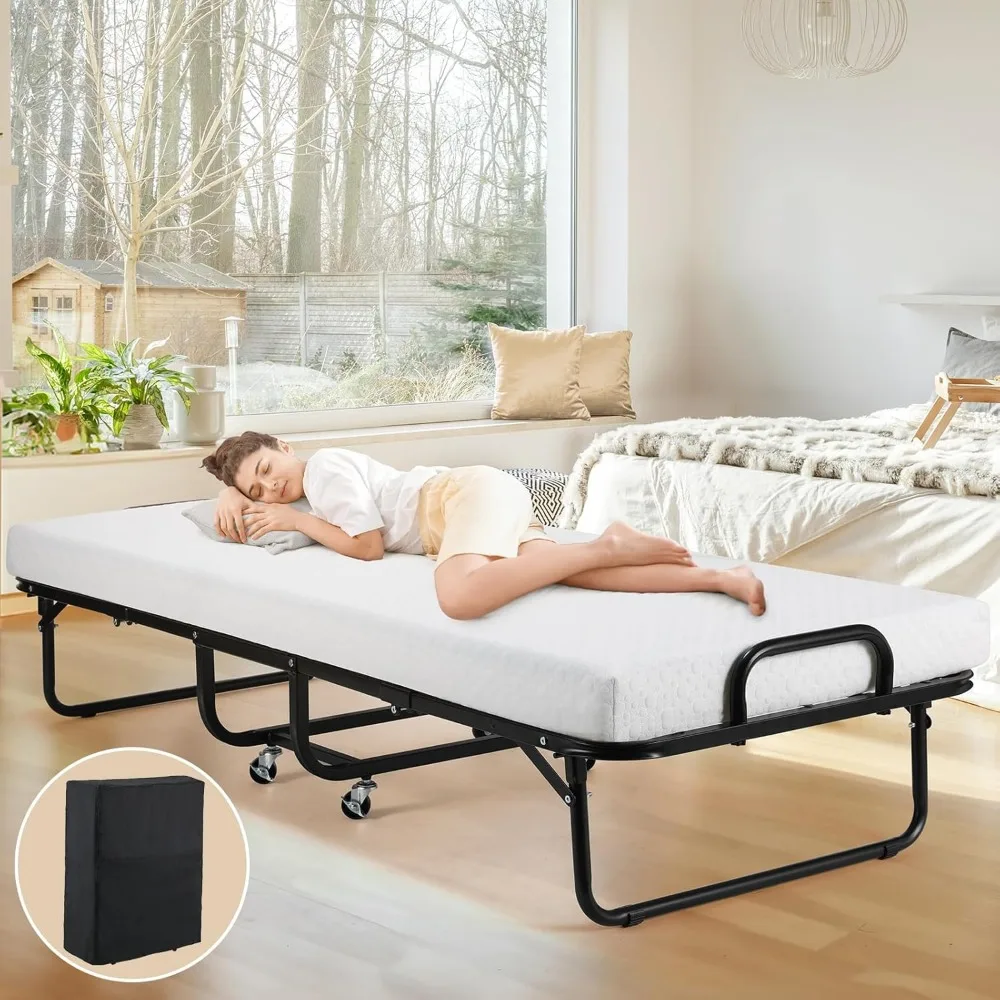 Cama plegable con colchón, tamaño de cuna de 75" x 31", con lujoso colchón de espuma viscoelástica de 4 pulgadas de grosor y funda a prueba de polvo portátil R