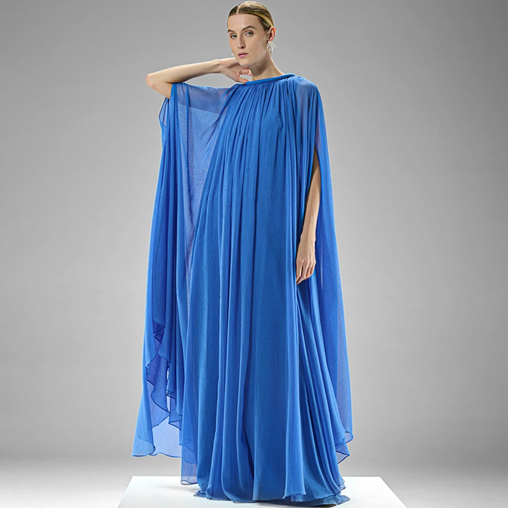 Durchsichtiges blaues Chiffon-Abendkleid mit langen Ärmeln, maßgeschneiderte Kleider für besondere Anlässe, zarte Ballkleider mit O-Ausschnitt