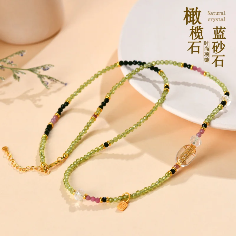 

Натуральный перидот, синий песчаник, турмалин, цепочка на ключицу, серебро S925, женский браслет с несколькими петлями, ожерелье двойного назначения