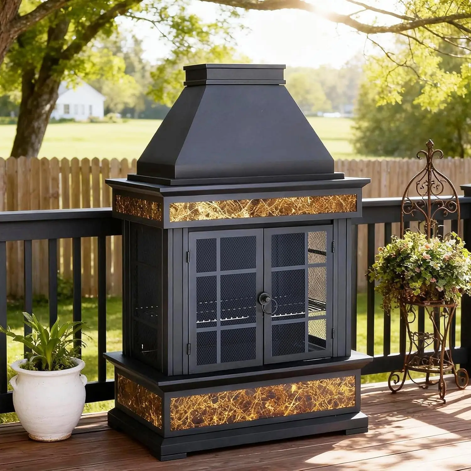57 Inch Wood Burning Outdoor Fireplace Steel Fire Pit Tile Finish Backyard Patio with Ash Pan Grate Chimney Poker and Rain Cover