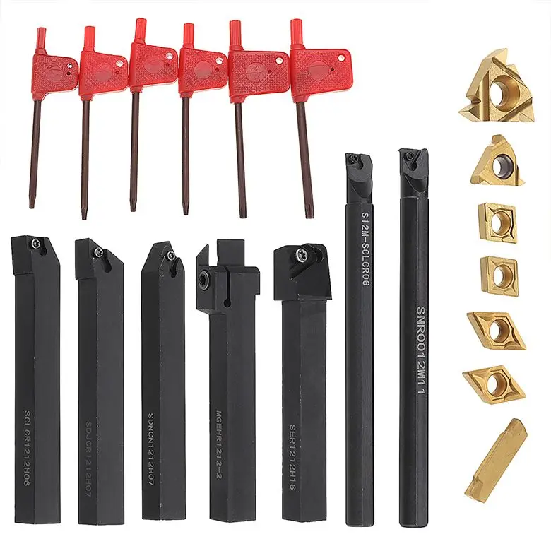 7 Set 12mm Shank Lathe Turning Tool Holder Boring Bar Lathe Tool Lathe Cutter CNC Metal Turning Rod Holders and Inserts