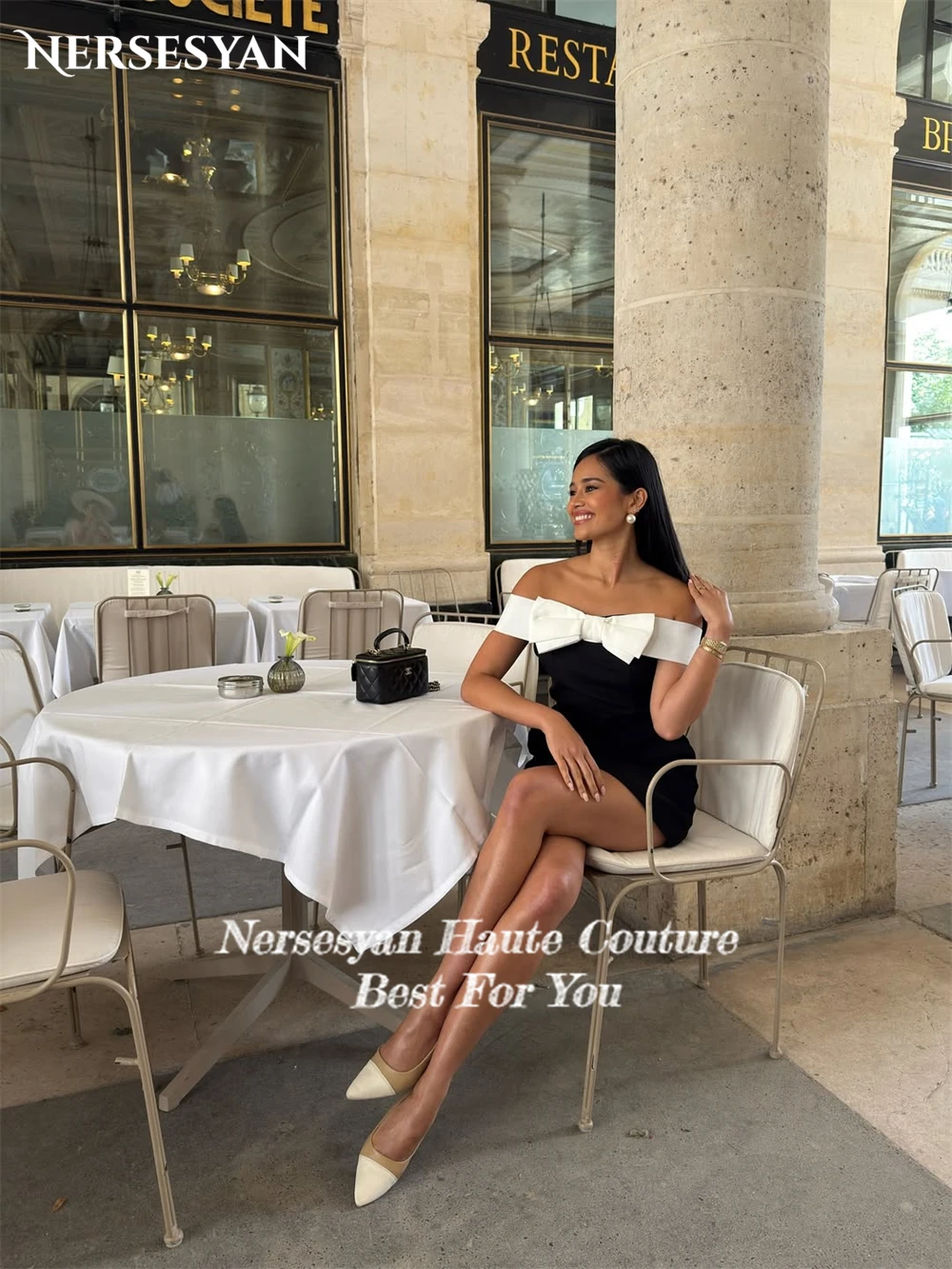 Sukienki mini na studniówkę Nersesyan Sexy Bow, z odkrytymi ramionami, linia A, satynowe sukienki na imprezę, bez pleców, krótkie sukienki na studniówkę, do klubu, szyte na miarę