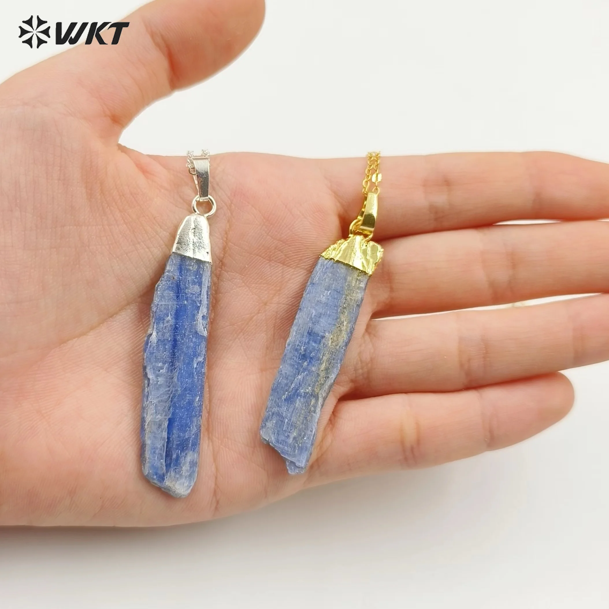 WT-N451 Wholesale Fashion Gold Plated on Top Natural Blue Kyanite Raw Stone Necklace Long Straight Randomly Gemstone