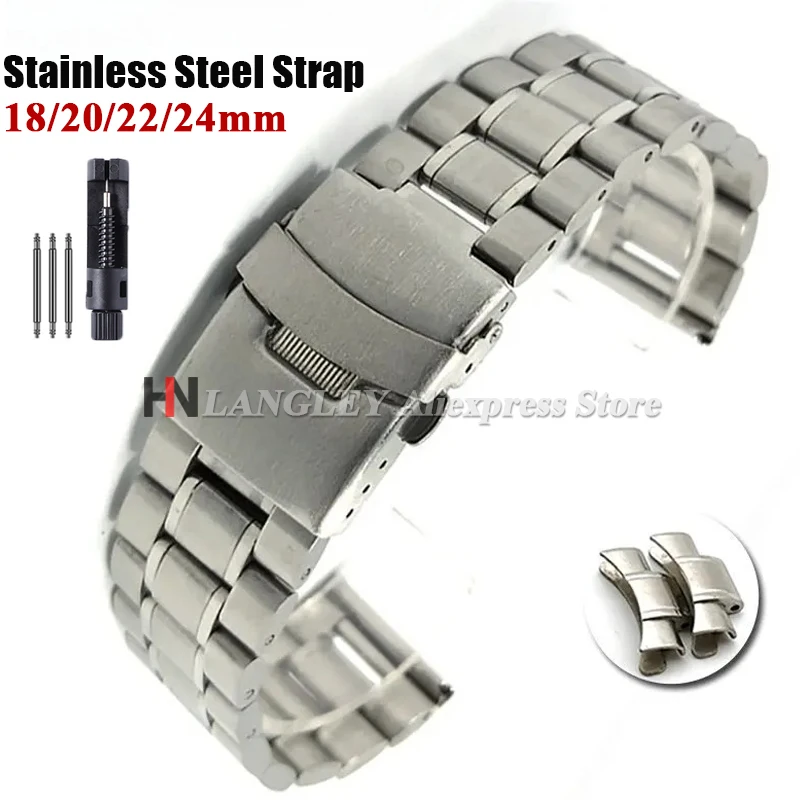 Tali Jam Tangan Baja Tahan Karat Padat Gelang Baja Ujung Busur 18/20/22/24Mm untuk Rolex untuk Seiko Metal Gelang Jam Pengganti Universal