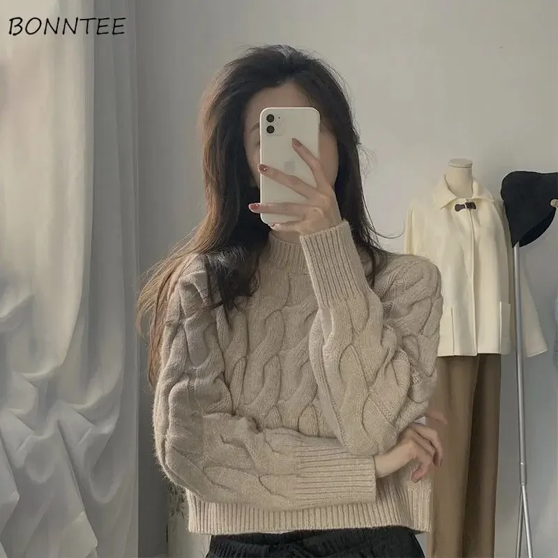 

Chic Pullovers Women Vintage Hong Kong Style Ribbed O-neck Autumn Sweater Solid Simple Leisure Female Warm Loose Knitwear Tops