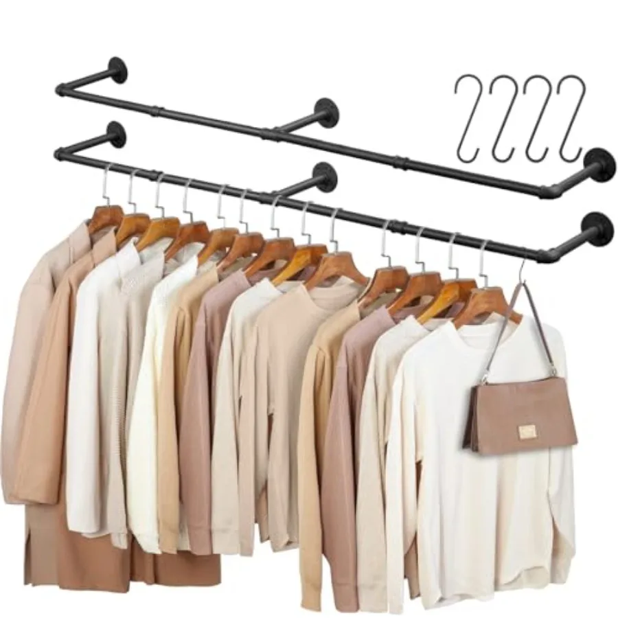 

dustrial Pipe Clothg Rack,"Wall Mounted Clothes Rack Set of 2, Heavy Duty Closet Rod for Hangg Clothes, Space-Savg Detachable I