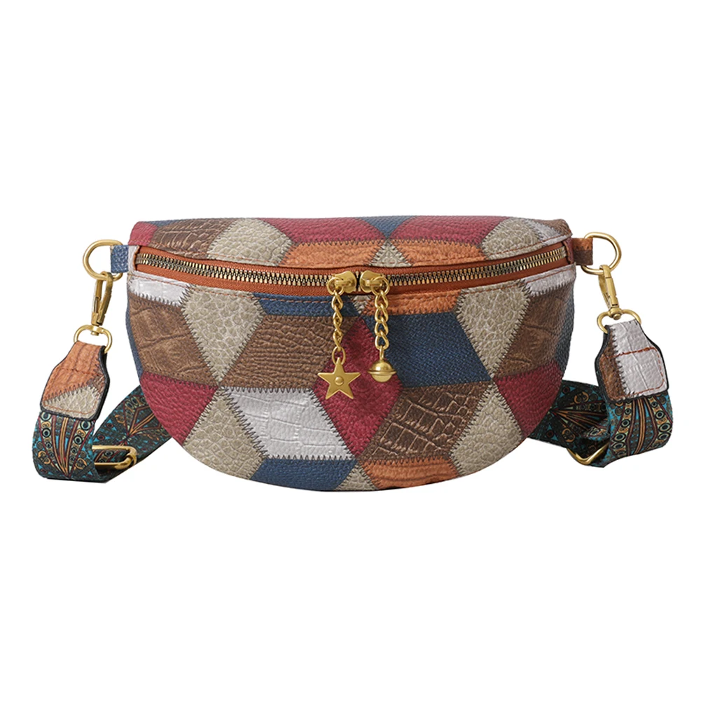 Patchwork Retro Crossbody Bag para Mulheres, Pacote de Cintura Casual Feminino, Bloco de Cor, Alça Larga, Estética Multiuso