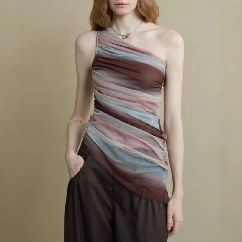 

Johnature Fashion Smudged Mesh Breathable Slanted Shoulder Top Short Sleeve Women Summer 2025 New Sleeveless Irregular Trend Top