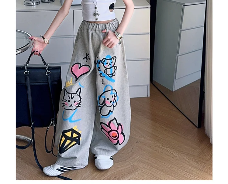 American Girl Baggy Washed Jeans Kinder Retro Harajuku Cartoon Print Denimhose Kinder Hip Hop Streetwear Hose mit Zeichnungen – Detail 5
