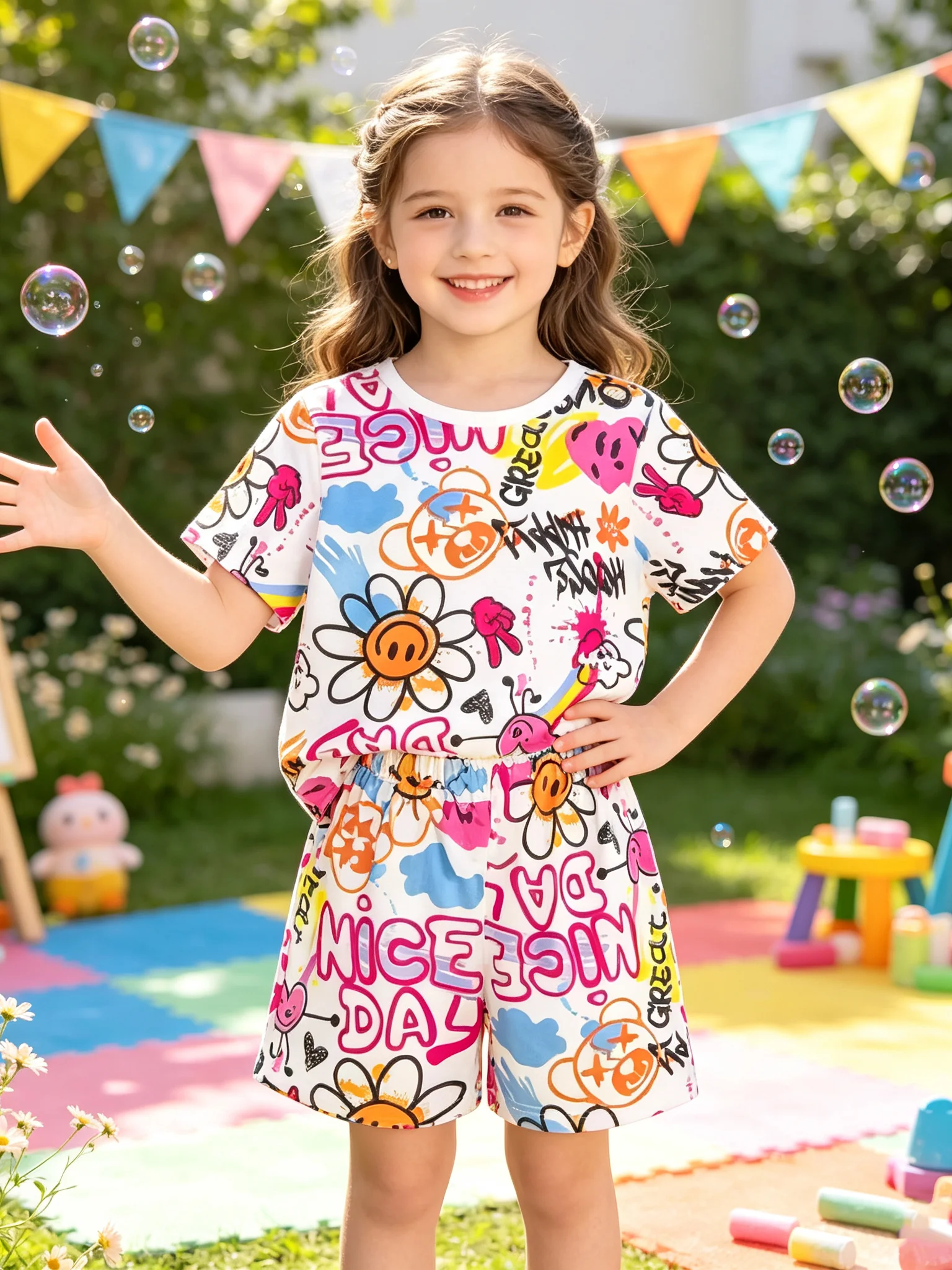 Playful Heart-Shape Joyful Face Graffiti Short Sleeve T-Shirt And Shorts Set Comfortable Casual Daily Wear