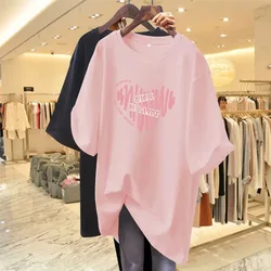 Pink Girl's Heart T-shirt Women's Summer Short Sleeve 2024 New Love Mid Long Loose T-shirt Clothes ins